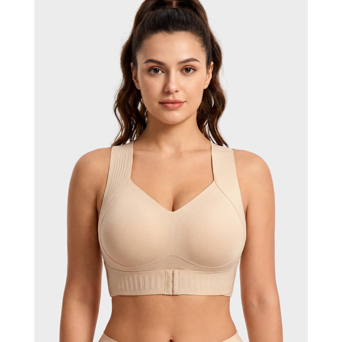 Posture support bra in nude, front view