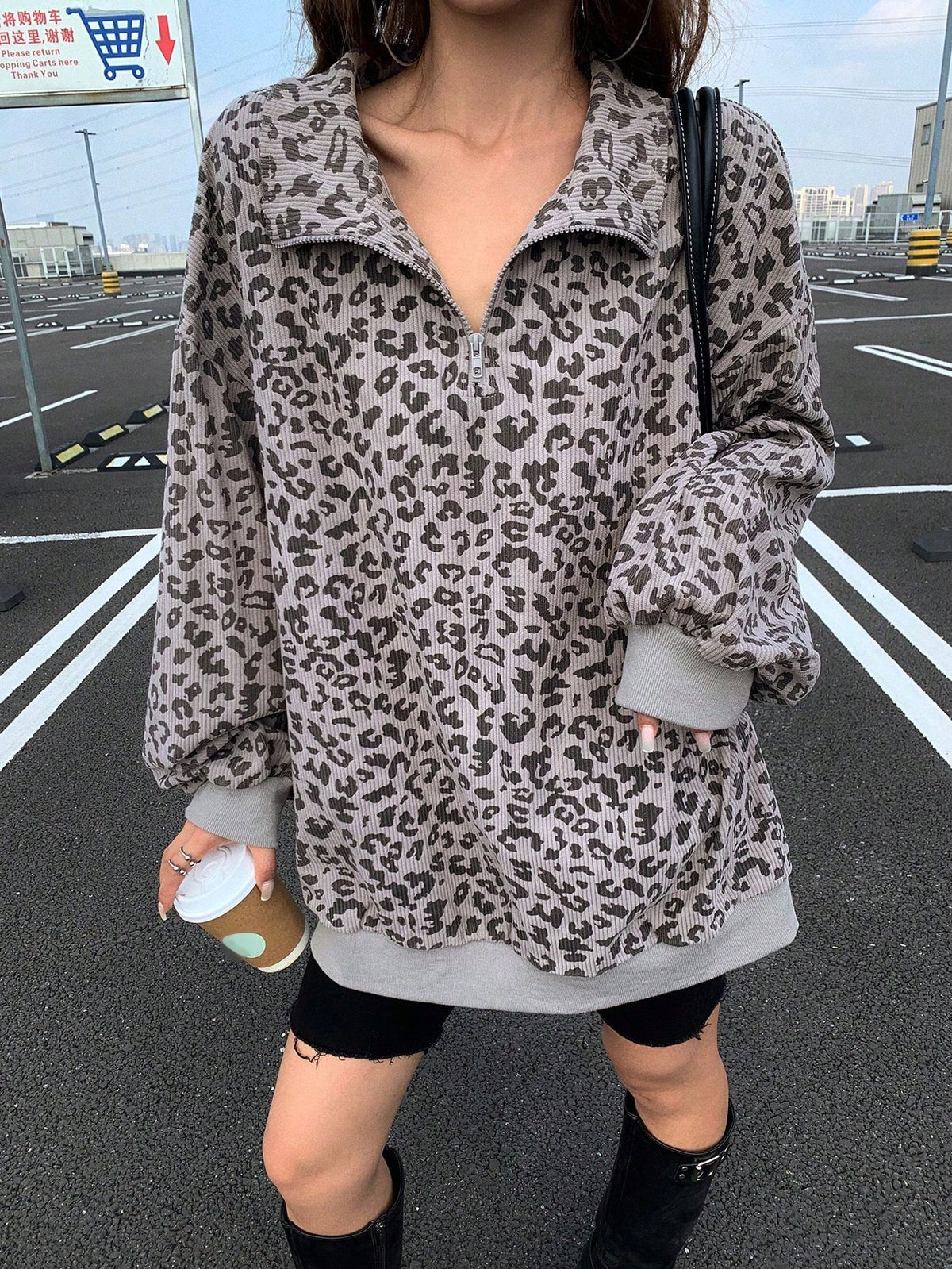 Grey leopard half-zip top