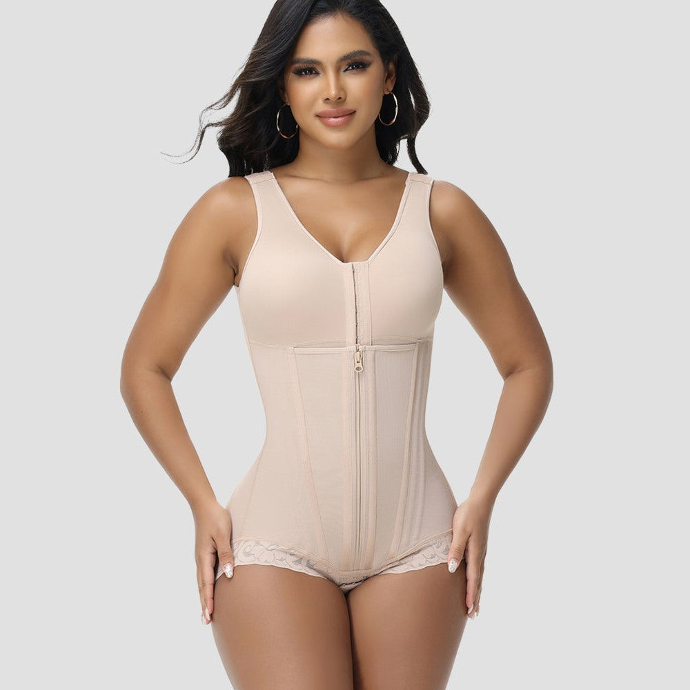 The Sculpt Bodysuit in Tan, front zip closed
